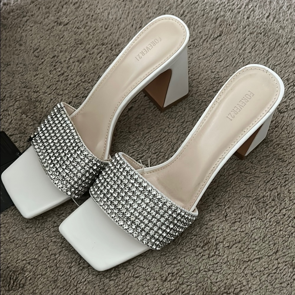 Rhinestone Embellished White Mules